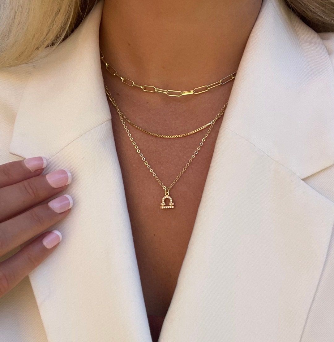 14K Gold Plated Layered Necklace Set: Zodiac Pendant, Dainty