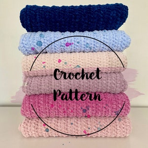May include: A stack of six crocheted blankets in various shades of pink and blue. The blankets are made with a textured stitch and have a soft, fuzzy appearance. The text "Crochet Pattern" is superimposed on the image.