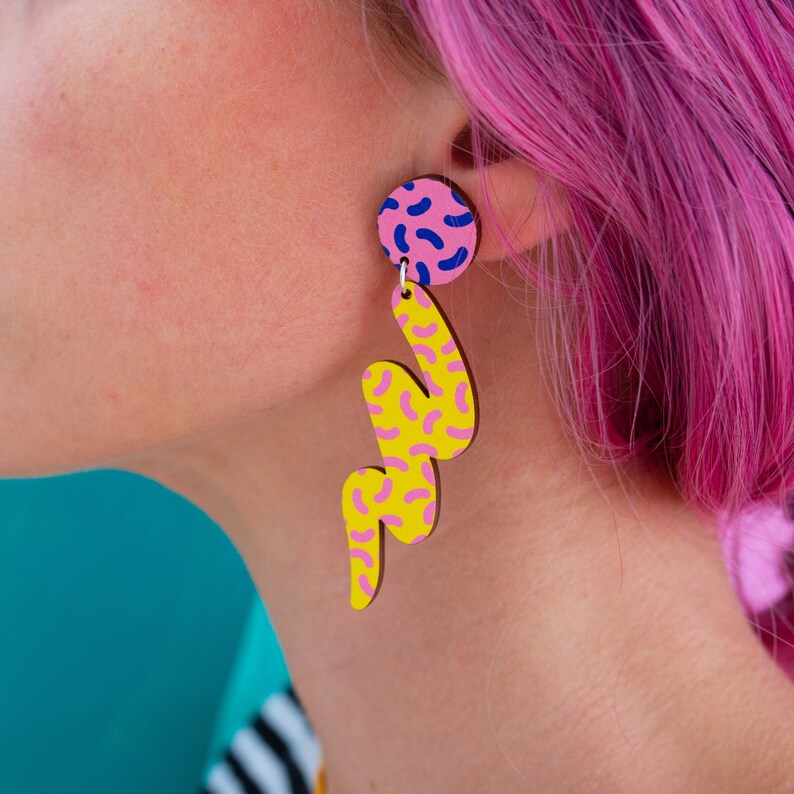 Mr Blobby, 90s pattern, MTV style, colourful mismatched earrings. Jazzy, unique, fun, playful statement jewellery. Plastic Free Printed Wood image 3