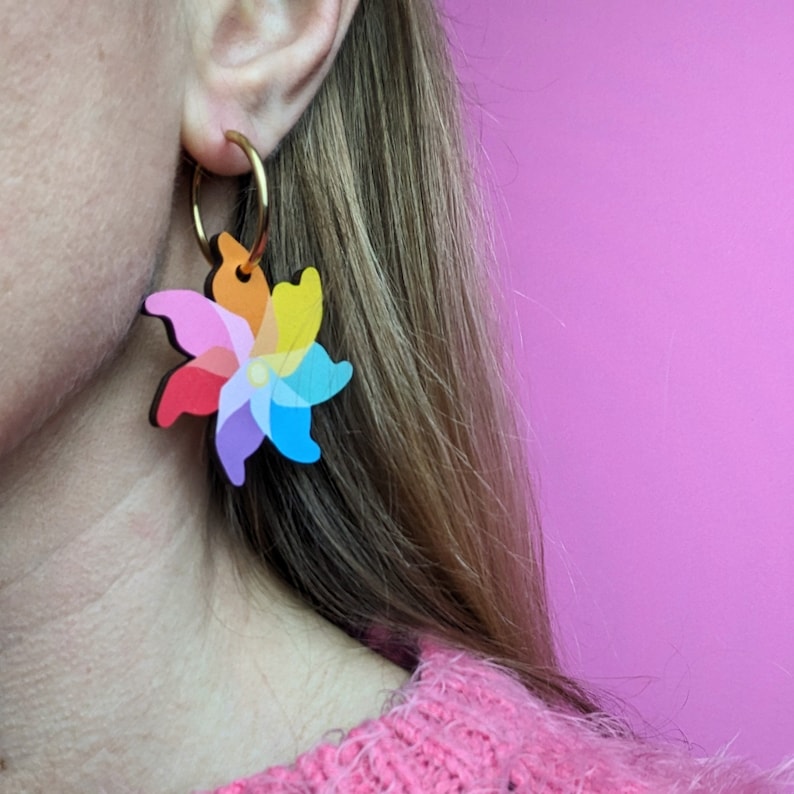 Rainbow Windmill Hoop Earrings Joyful Summer Earrings Wood Alternative To Acrylic Jewellery image 3