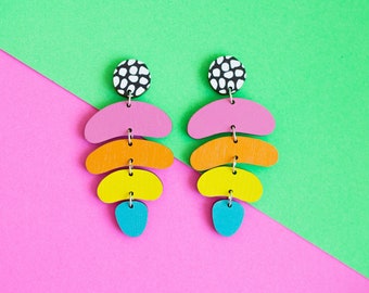 Multi Coloured Pastel Dangle Earrings - Colourful Statement Earrings - Wood Alternative to Laser Cut Acrylic Jewellery