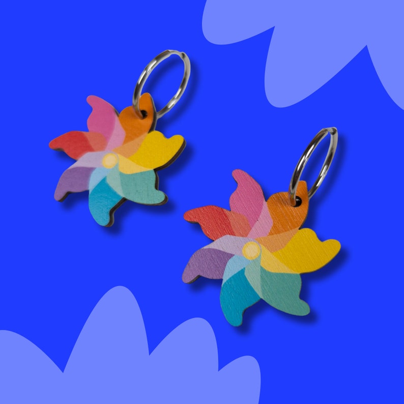 Rainbow Windmill Hoop Earrings Joyful Summer Earrings Wood Alternative To Acrylic Jewellery Silver colour