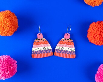 Bobble Hat Earrings - Cold Water Swimmer Gifts - Winter Jewellery. Laser cut UV printed wood hoops.