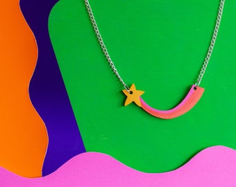 Shooting star necklace - printed wood alternative to acrylic jewellery - bright pink and orange pendant.