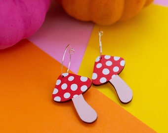 Mushroom Earrings. Fun, Quirky Statement Earrings. Vegan and Eco-Friendly Printed Wood Toadstool Jewellery.