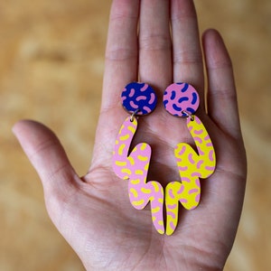 Mr Blobby, 90s pattern, MTV style, colourful mismatched earrings. Jazzy, unique, fun, playful statement jewellery. Plastic Free Printed Wood image 2