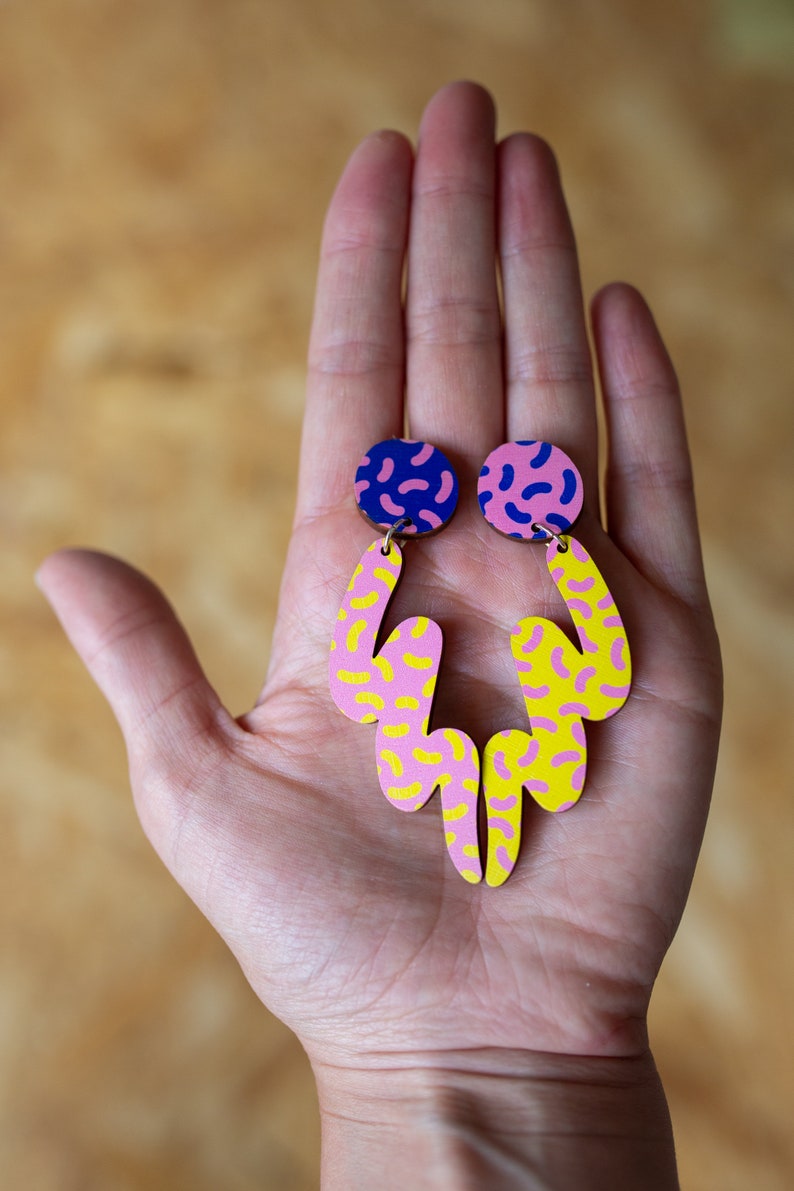 Mr Blobby, 90s pattern, MTV style, colourful mismatched earrings. Jazzy, unique, fun, playful statement jewellery. Plastic Free Printed Wood image 2