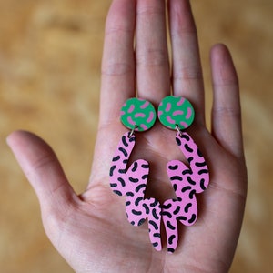 Memphis Style Squiggle Earrings Pink And Green Statement Earrings Wooden Acrylic Jewellery Alternative image 3