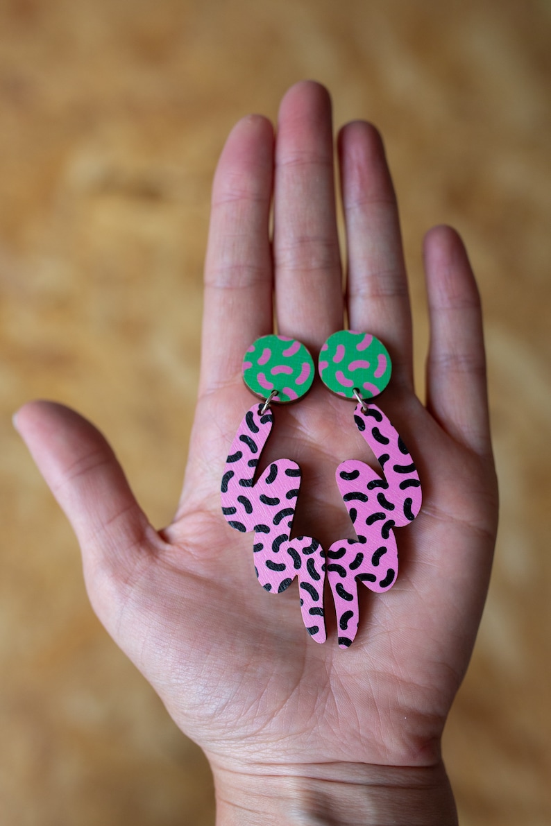 Memphis Style Squiggle Earrings Pink And Green Statement Earrings Wooden Acrylic Jewellery Alternative image 3