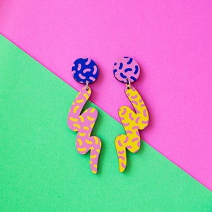 Mr Blobby, 90s pattern, MTV style, colourful mismatched earrings. Jazzy, unique, fun, playful statement jewellery. Plastic Free Printed Wood image 1