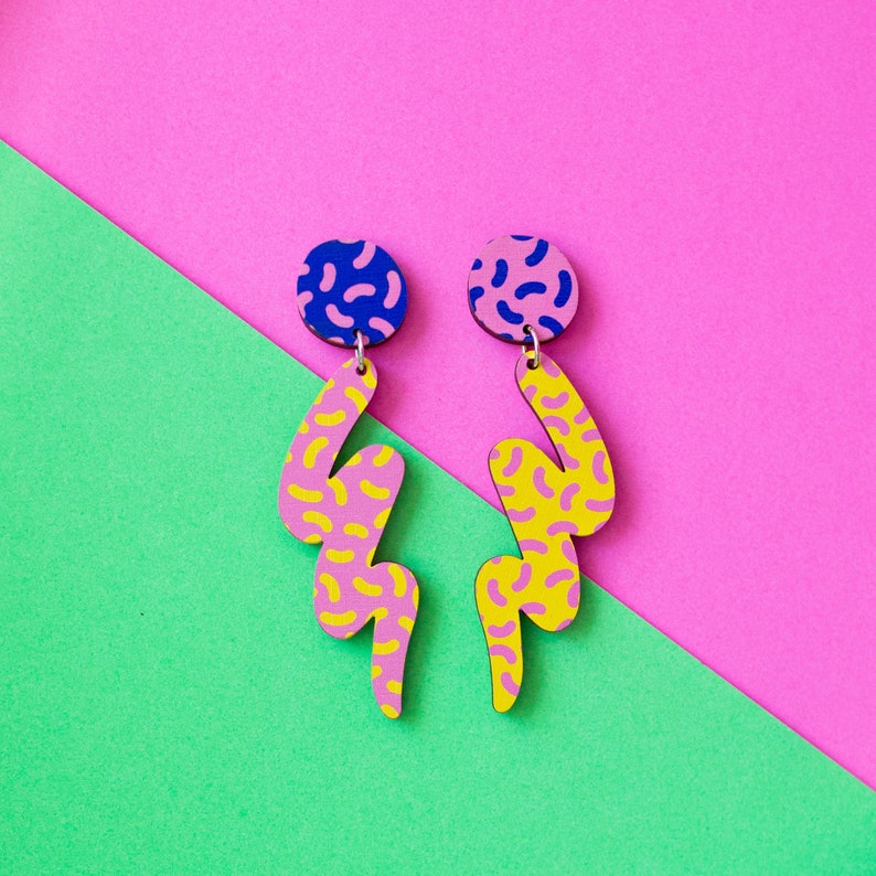 Mr Blobby, 90s pattern, MTV style, colourful mismatched earrings. Jazzy, unique, fun, playful statement jewellery. Plastic Free Printed Wood image 1