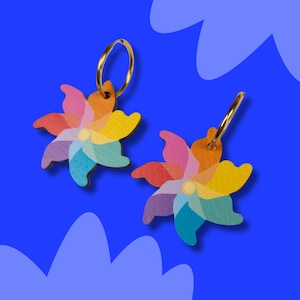 Rainbow Windmill Hoop Earrings Joyful Summer Earrings Wood Alternative To Acrylic Jewellery Gold colour