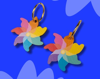 Rainbow Windmill Hoop Earrings - Joyful Summer Earrings - Wood Alternative To Acrylic Jewellery