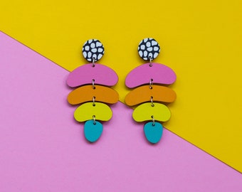 Oversized earrings, colourful statement jewellery, rainbow design on eco-friendly printed wood not acrylic, jazzy, loud and unique.