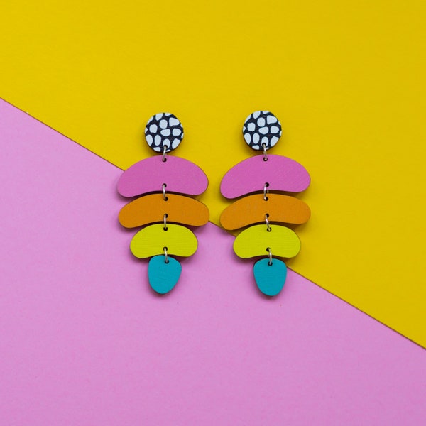 Oversized earrings, colourful statement jewellery, rainbow design on eco-friendly printed wood not acrylic, jazzy, loud and unique.