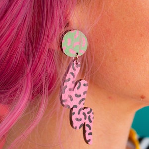 Memphis Style Squiggle Earrings Pink And Green Statement Earrings Wooden Acrylic Jewellery Alternative image 1