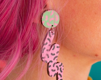 Memphis Style Squiggle Earrings - Pink And Green Statement Earrings - Wooden Acrylic Jewellery Alternative