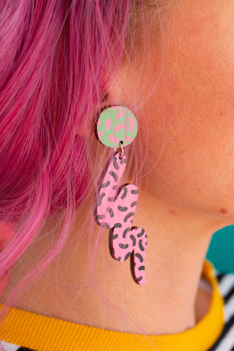 Memphis Style Squiggle Earrings Pink And Green Statement Earrings Wooden Acrylic Jewellery Alternative image 1