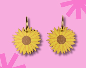 Sunflower Earrings - Colourful Statement Jewellery - Summer Hoop Earrings - Wood Alternative to Acrylic Jewellery