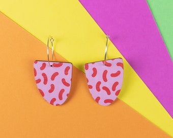 Funky Red and Pink Earrings. Colourful, Quirky, Printed Wood Jewellery for Dopamine Dressing.