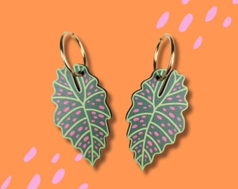 Tropical Leaf Earrings - Pink and Green Spotted Begonia Leaf Earrings - Earrings for Plant Lovers - Wood Alternative to Acrylic Jewellery