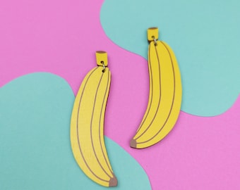 Banana Dangle Earrings - Wooden Acrylic Jewellery Alternative - Festival Fruit Statement Earrings