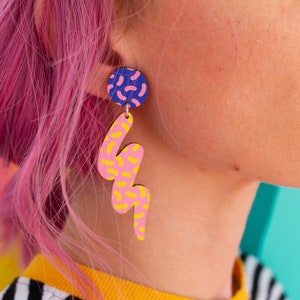 Mr Blobby, 90s pattern, MTV style, colourful mismatched earrings. Jazzy, unique, fun, playful statement jewellery. Plastic Free Printed Wood image 4