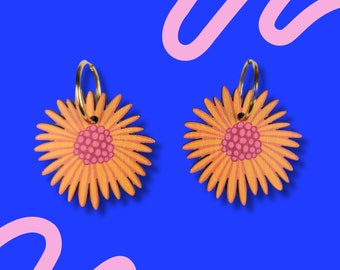 Tropical Flower Earrings - Colourful Statement Jewellery - Orange Blossom Earrings - Wood Alternative to Acrylic Jewellery