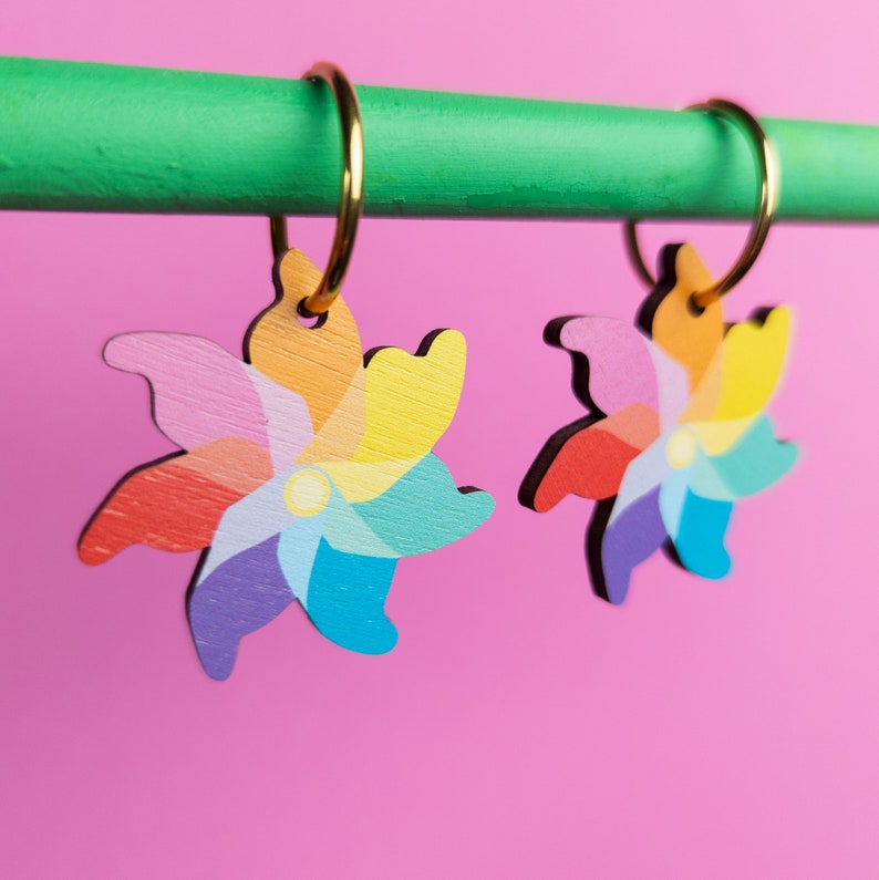Rainbow Windmill Hoop Earrings Joyful Summer Earrings Wood Alternative To Acrylic Jewellery image 2