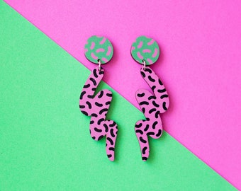Funky Squiggle Earrings - Pink and Green Dangle and Drop Earrings. Unusual, Quirky Wood Earrings for Dopamine Dressing.