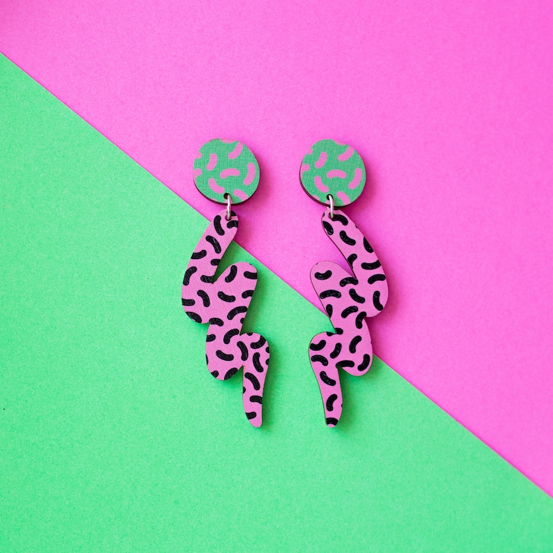Memphis Style Squiggle Earrings Pink And Green Statement Earrings Wooden Acrylic Jewellery Alternative image 2