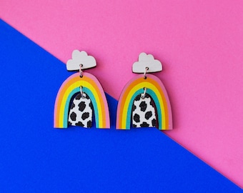 Cloud and Rainbow Earrings, Colourful Dangle and Drop, laser cut printed wood not acrylic, plastic free jewellery, summer earrings