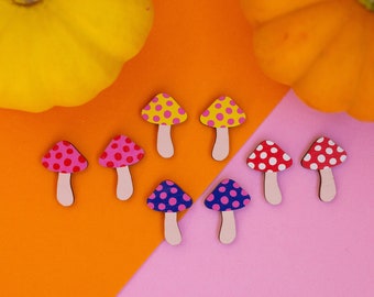 Cute Mushroom Earrings - Little Toadstool Studs - Printed Wood Alternative to Colourful Acrylic Jewellery