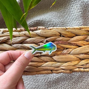 May include: A holographic sticker of a green and blue mahi-mahi fish. The sticker is on a woven surface.