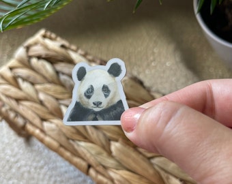 May include: A black and white panda bear sticker with a close-up view of the face. The sticker is on a white background.