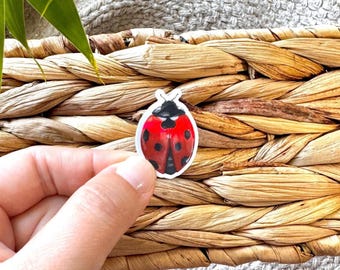 May include: A small, die-cut sticker featuring a vibrant red ladybug with distinct black spots and a black head. The ladybug is depicted from a top-down perspective with a white border outlining its oval shape, showcasing a glossy finish.