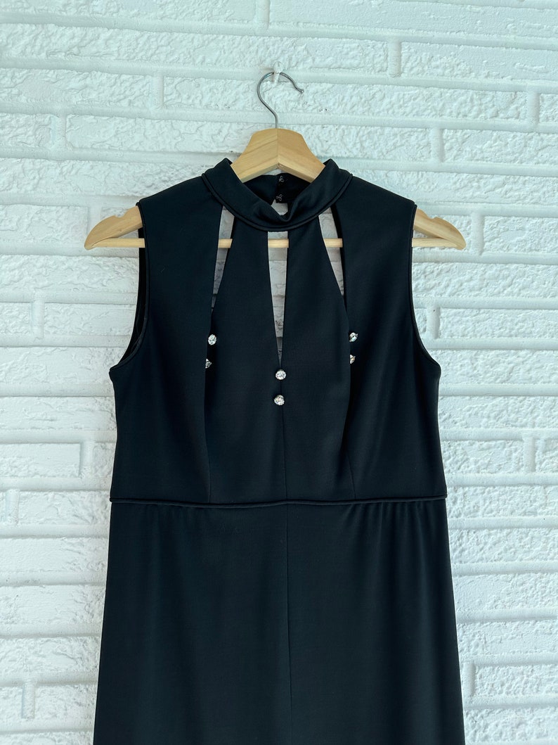 Vintage Sleeveless Mock Neck Little Black Dress With Clear Rhinestones ...