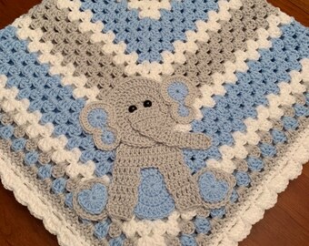 Crochet baby blanket,40x40” crocheted baby blanket with crocheted elephant appliqué,baby keepsake,nursery decor,made to order