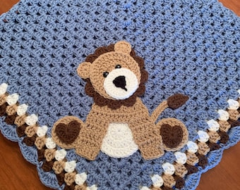 Handmade Crocheted Baby Blanket: Lion Appliqué, Nursery Decor