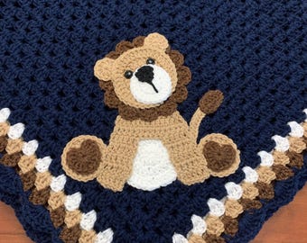 Handmade Crocheted Baby Blanket: Lion Appliqué, Nursery Decor