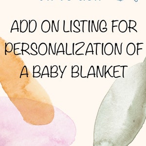 May include: Add-on listing for personalization of a baby blanket. The image features a watercolor background with a stylized yarn ball and crochet hook, and the text "Simply Hooked Gifts USA".