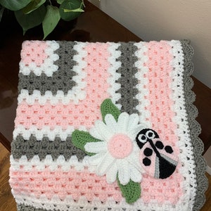 Crochet baby blanket,40x40” or 32x32" crocheted Ladybug and daisy applique baby blanket,nursery decor/baby keepsake,baby girl blanket