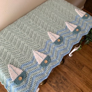 Crocheted Baby Blanket, 38x42” Nautical Bobbing Boats Blanket with Sailboat Accents, Adorable Nursery Addition and Keepsake, Newborn Gift