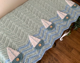 Crocheted Baby Blanket: Nautical Sailboat Nursery Decor (38x42”)
