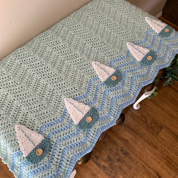 Nautical bobbing boats handmade crocheted baby blanket with sailboat appliqués/ nursery decor/keepsake/made to order—not ready to ship