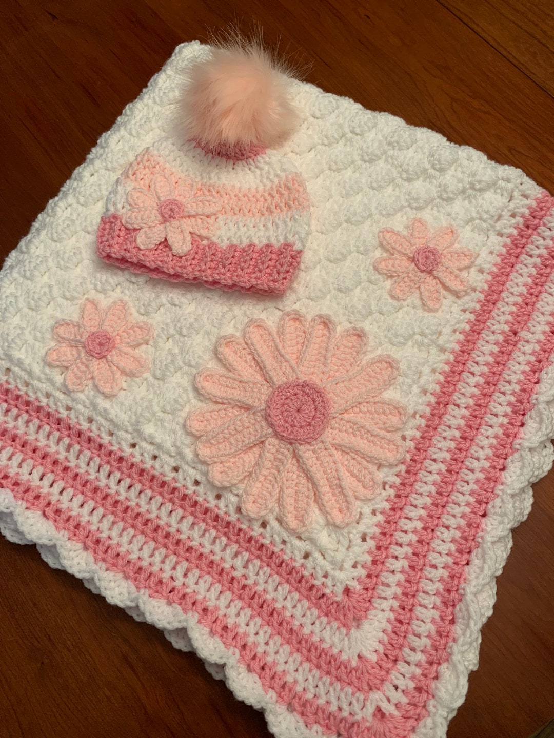 Pink Daisy Baby Blanket/handmade Crocheted Baby Blanket With Pale Pink