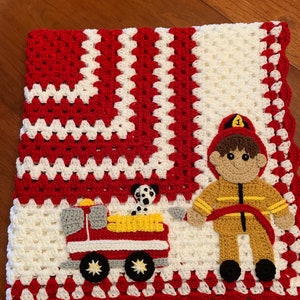 Handmade Crocheted Baby Blanket with Firefighter and Fire Truck Design, 32x32” or 40x40”,Nursery Decor and Keepsake, Unique Baby Shower Gift
