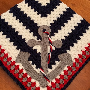 Crochet baby blanket,40x40”or32x32&quot; Anchors Away crocheted baby blanket with crocheted anchor appliqué,baby keepsake,nursery decor