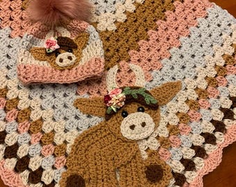 Crochet baby blanket,40x40”/32x32 Highland cow baby girl blanket, handmade,crocheted,nursery decor,baby keepsake,cow lover,cow theme nursery