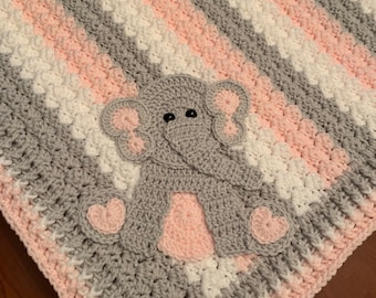 Handmade Crocheted Baby Blanket: Elephant Appliqué, Custom Colors